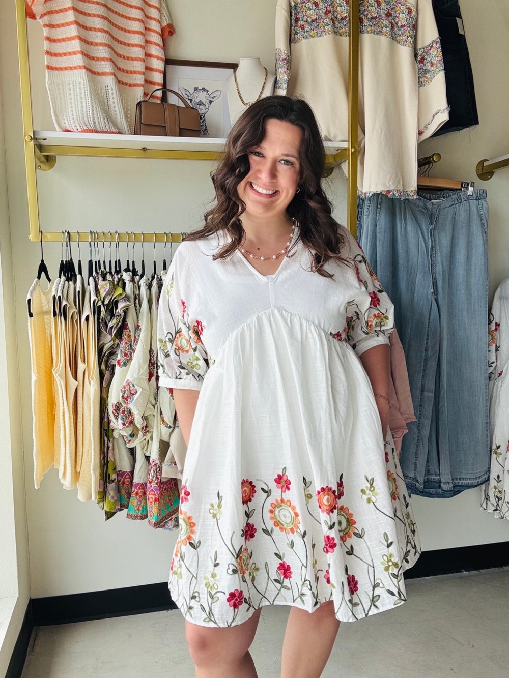 Ivory Floral Embroidered Babydoll Dress Sz Medium